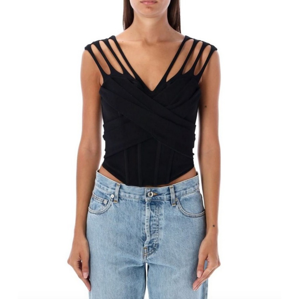 MISBHV Bianca Bra Womens L Black Corset Bustier V-Neck Crossed Wrap Stretch NEW